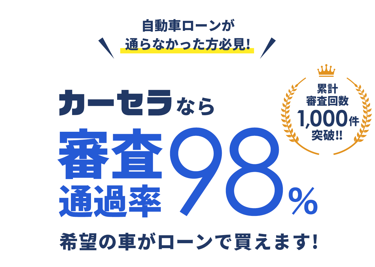 自動車ローンが通らなかった方必見!自社ローン専門中古車販売店カーセラなら審査通過率98％ 希望の車がローンで買えます! 累計審査回数1,000件突破!!